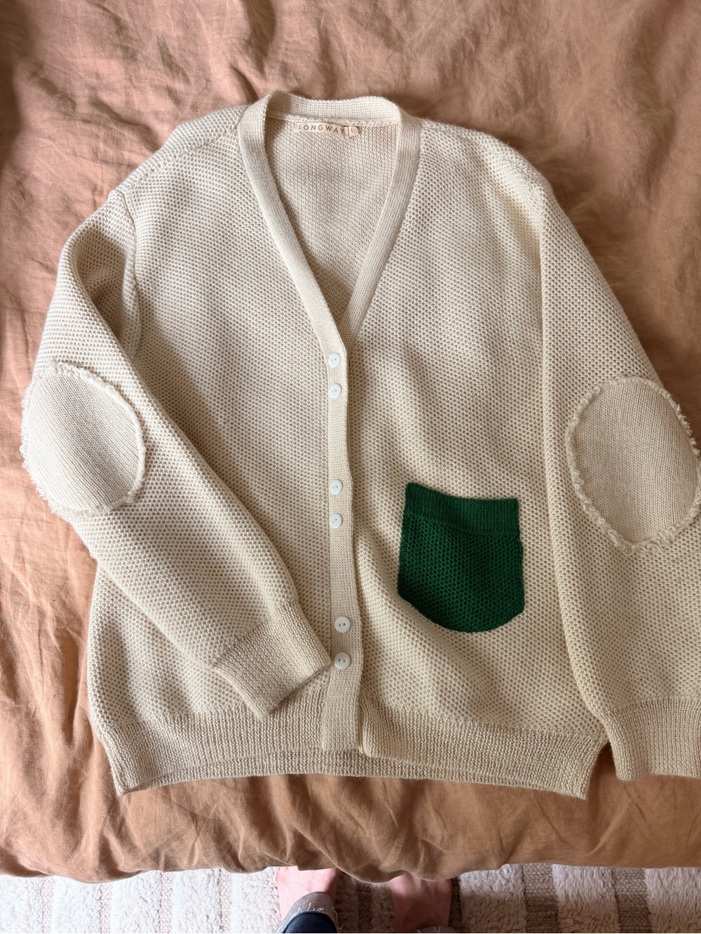 Longway *discontinued* Cream Knit Button-Front Cardigan with Green Pocket